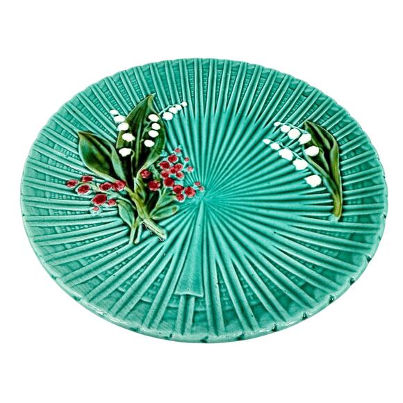 vintage German Majolica green Lily of the Valley 11.5" round Platter plate - Picture 3 of 10